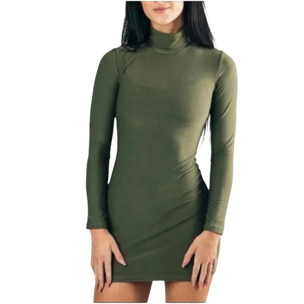 Alphalete Long Sleeve Turtleneck Bodycon Mini Dress Womens M Olive Green